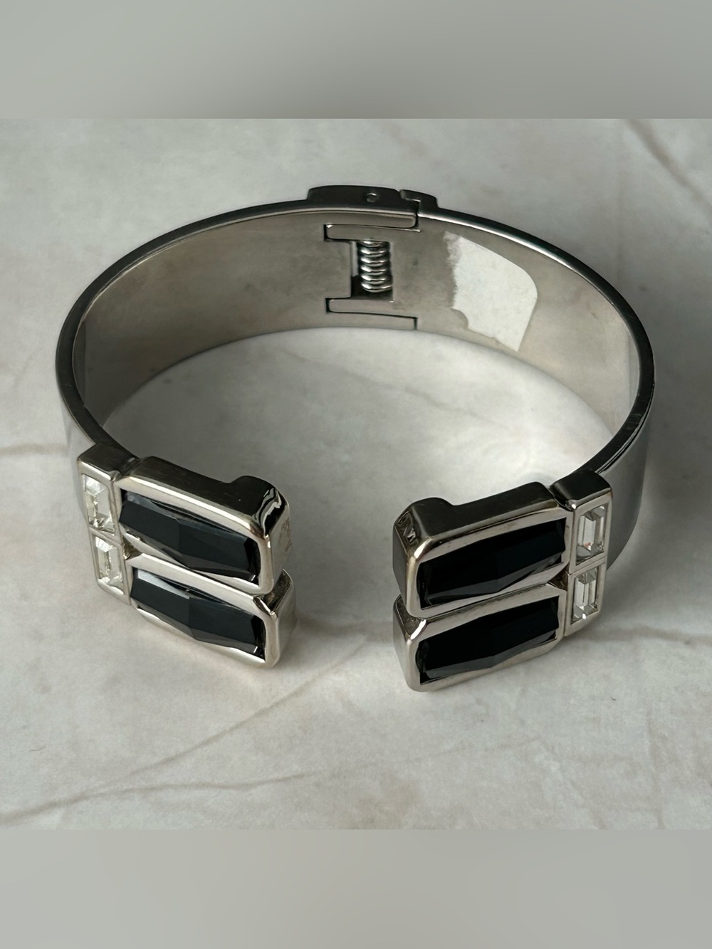 Silver Cuff Bracelet with Black Geometric Stones